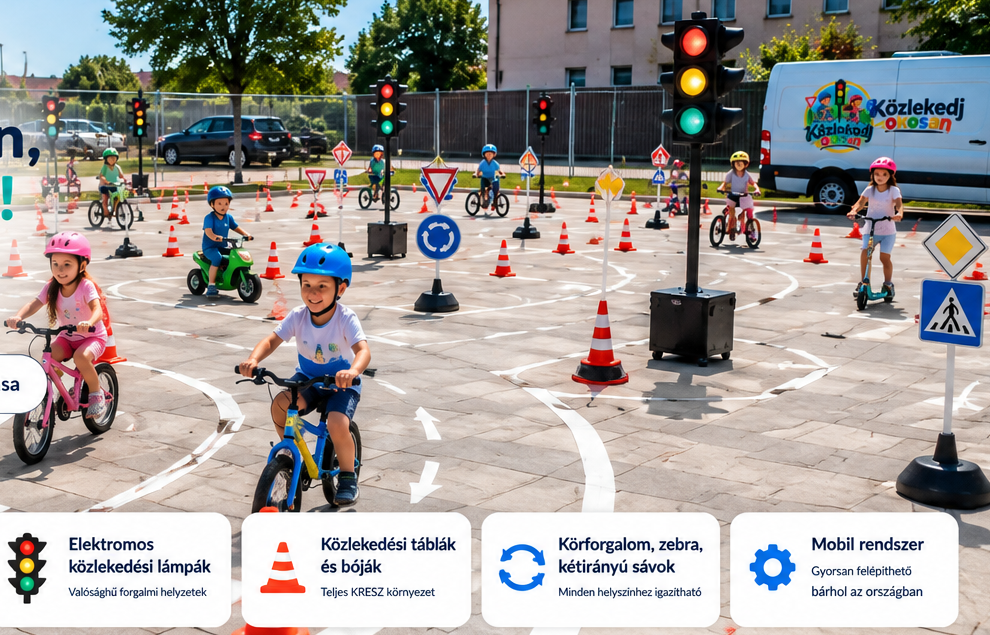 Látványterv: betonfelületen fehér szalaggal kijelölt mobil KRESZ-pálya, bójákkal, közlekedési lámpákkal és gyermekjárművekkel